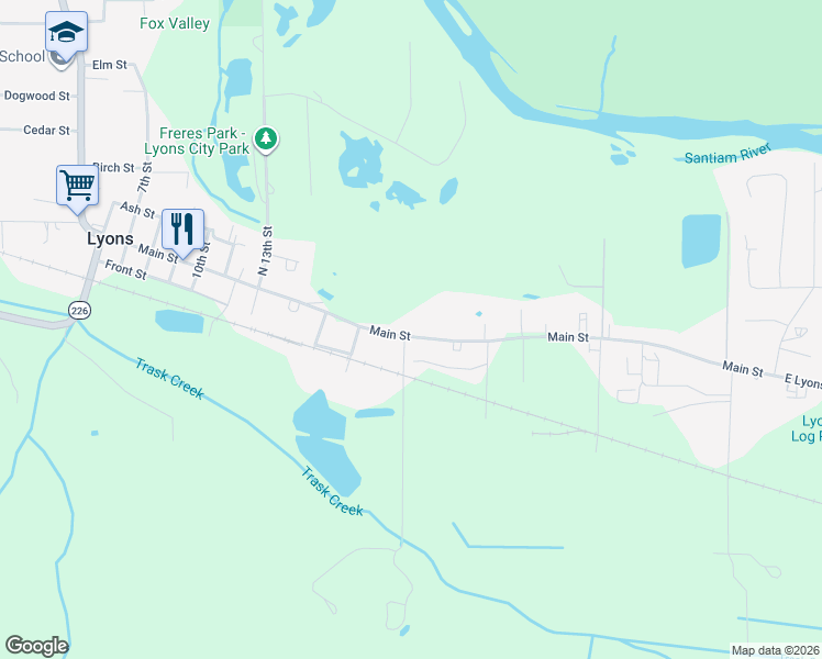 map of restaurants, bars, coffee shops, grocery stores, and more near 1611 Main Street in Lyons