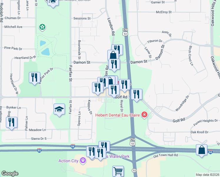 map of restaurants, bars, coffee shops, grocery stores, and more near 4257 Southtowne Drive in Eau Claire