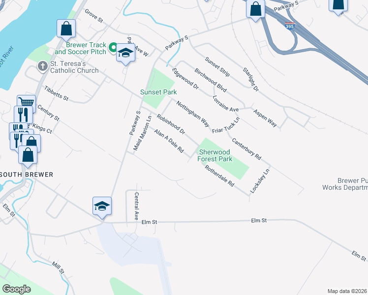 map of restaurants, bars, coffee shops, grocery stores, and more near 52 Alan A Dale Road in Brewer