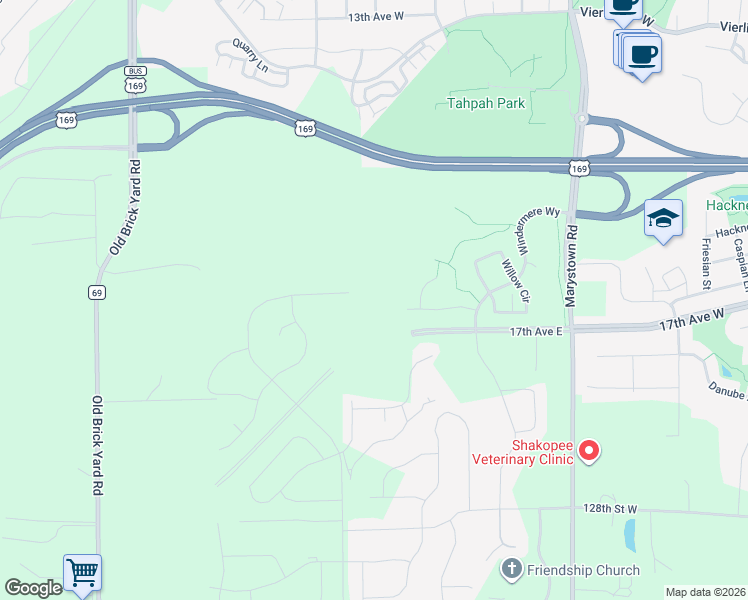 map of restaurants, bars, coffee shops, grocery stores, and more near Tamarack Road in Shakopee