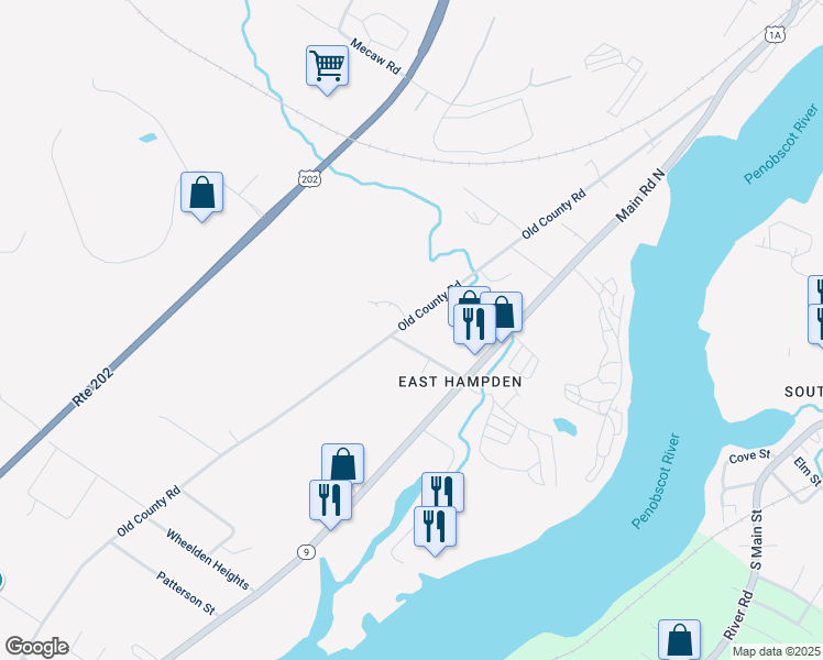 map of restaurants, bars, coffee shops, grocery stores, and more near 291 Old County Road in Hampden