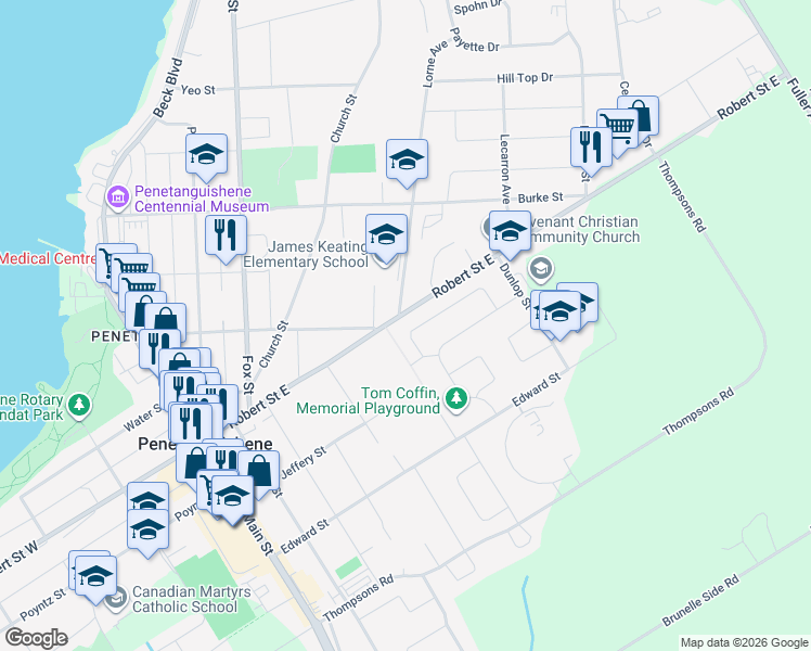 map of restaurants, bars, coffee shops, grocery stores, and more near 16 Bridle Road in Penetanguishene
