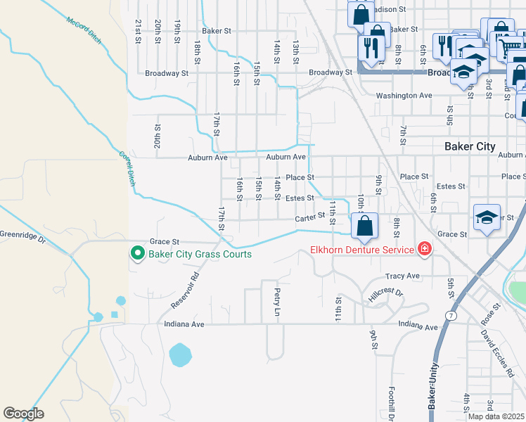 map of restaurants, bars, coffee shops, grocery stores, and more near 3420 Carter Street in Baker City