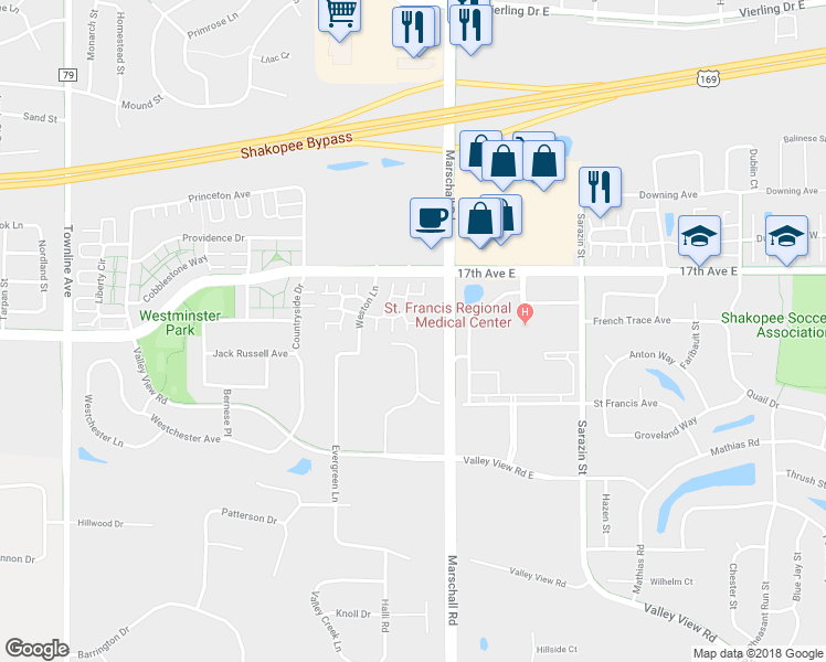 map of restaurants, bars, coffee shops, grocery stores, and more near 1378 Idlewood Way in Shakopee
