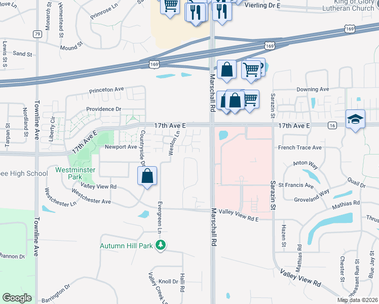 map of restaurants, bars, coffee shops, grocery stores, and more near 1370 Idlewood Way in Shakopee