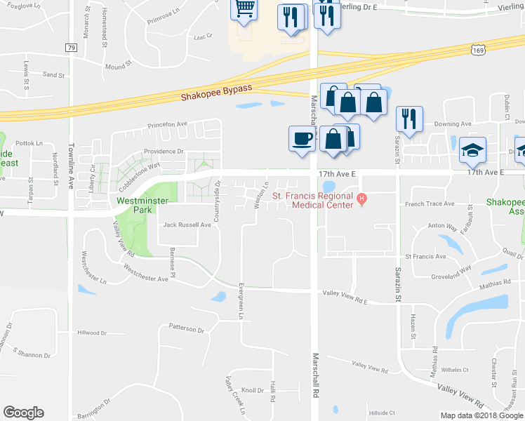 map of restaurants, bars, coffee shops, grocery stores, and more near 1312 Highpoint Curve in Shakopee