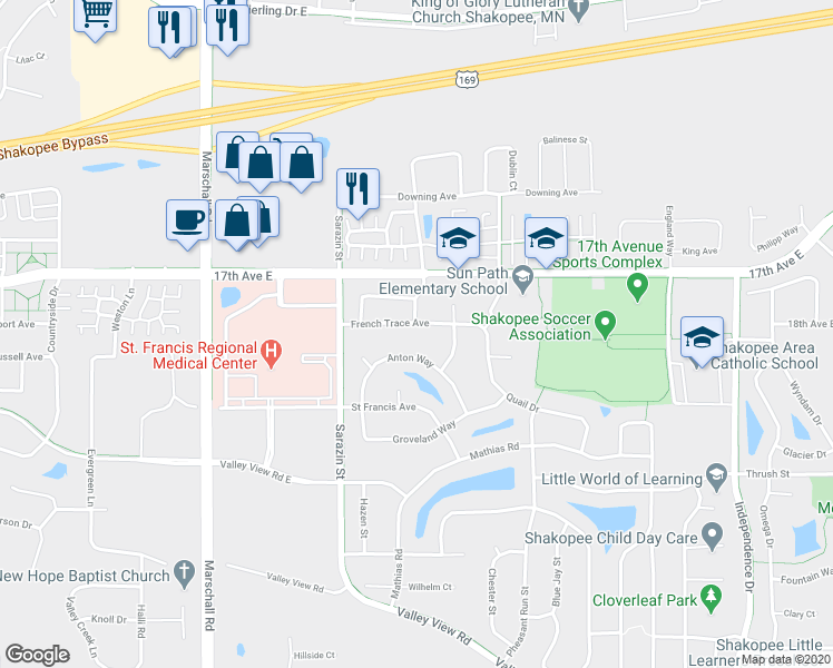 map of restaurants, bars, coffee shops, grocery stores, and more near 2014 French Trace Avenue in Shakopee