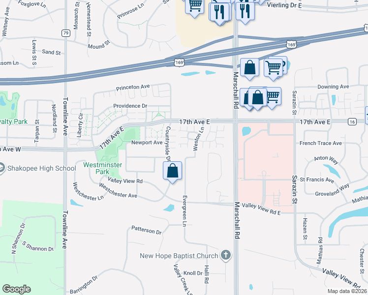 map of restaurants, bars, coffee shops, grocery stores, and more near 1174 Havenview Drive in Shakopee