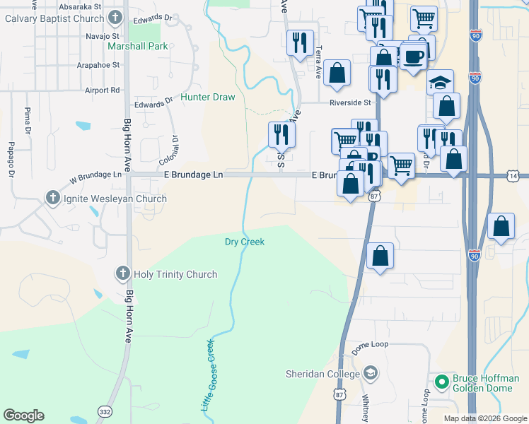 map of restaurants, bars, coffee shops, grocery stores, and more near 2305 Wetlands Drive in Sheridan