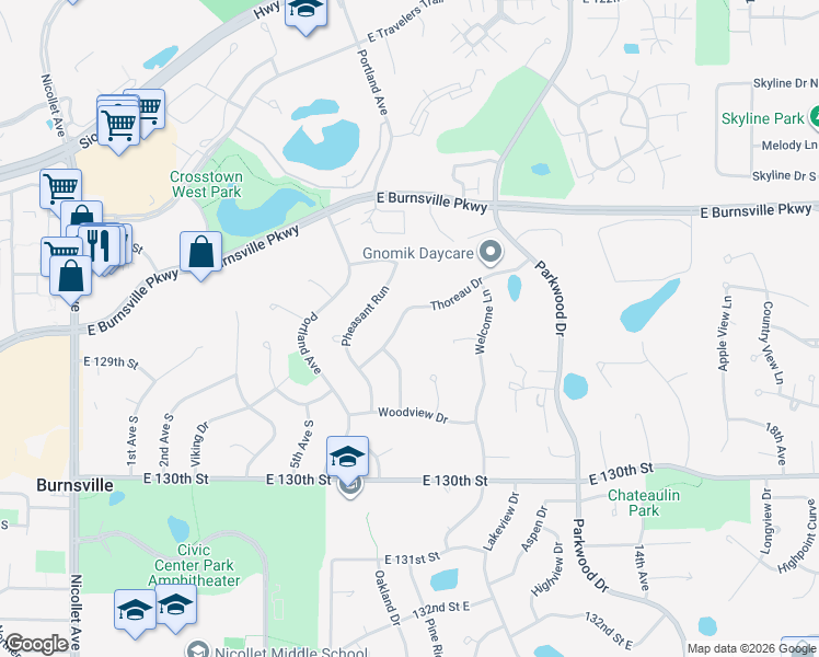 map of restaurants, bars, coffee shops, grocery stores, and more near 701 Thoreau Drive in Burnsville