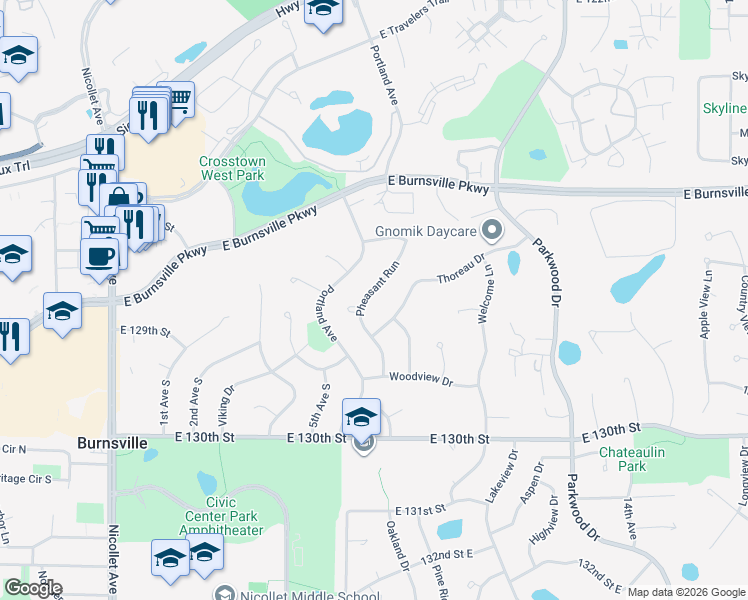 map of restaurants, bars, coffee shops, grocery stores, and more near 12733 Pheasant Run in Burnsville