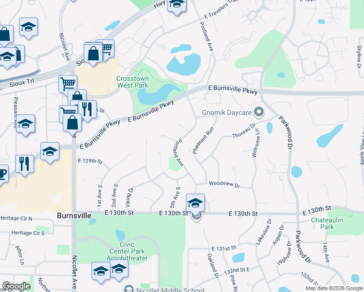 map of restaurants, bars, coffee shops, grocery stores, and more near 12737 Portland Avenue in Burnsville