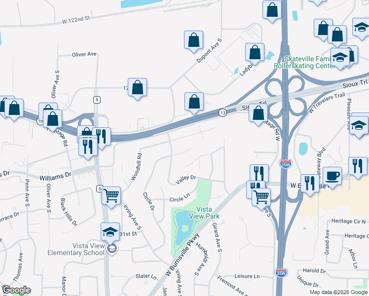 map of restaurants, bars, coffee shops, grocery stores, and more near 1400 Circle Drive in Burnsville