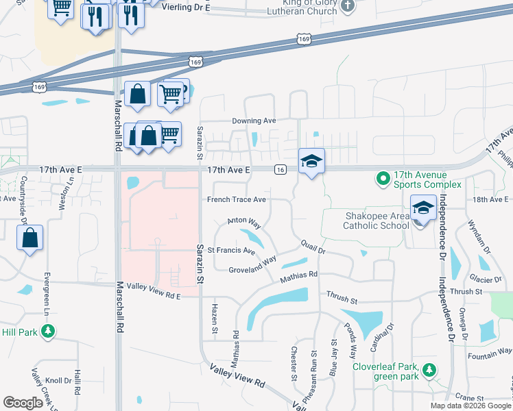 map of restaurants, bars, coffee shops, grocery stores, and more near 2074 French Trace Avenue in Shakopee