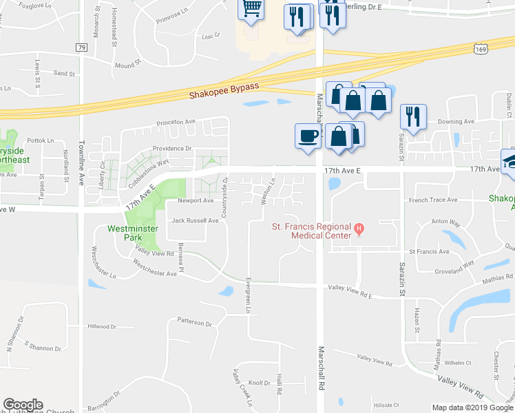 map of restaurants, bars, coffee shops, grocery stores, and more near 1756 Weston Lane in Shakopee