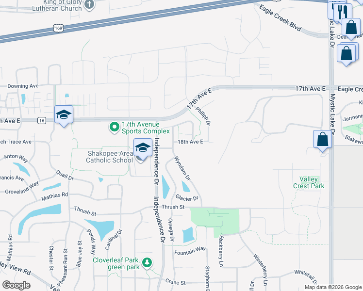 map of restaurants, bars, coffee shops, grocery stores, and more near 2914 18th Avenue East in Shakopee