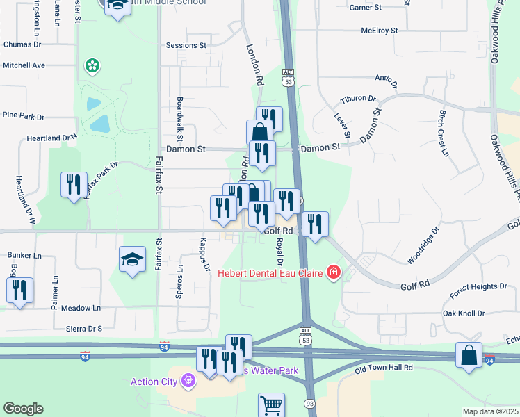 map of restaurants, bars, coffee shops, grocery stores, and more near 4257 Southtowne Drive in Eau Claire