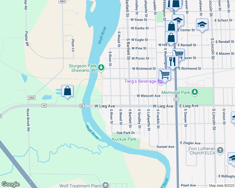 map of restaurants, bars, coffee shops, grocery stores, and more near 941 South Weed Street in Shawano