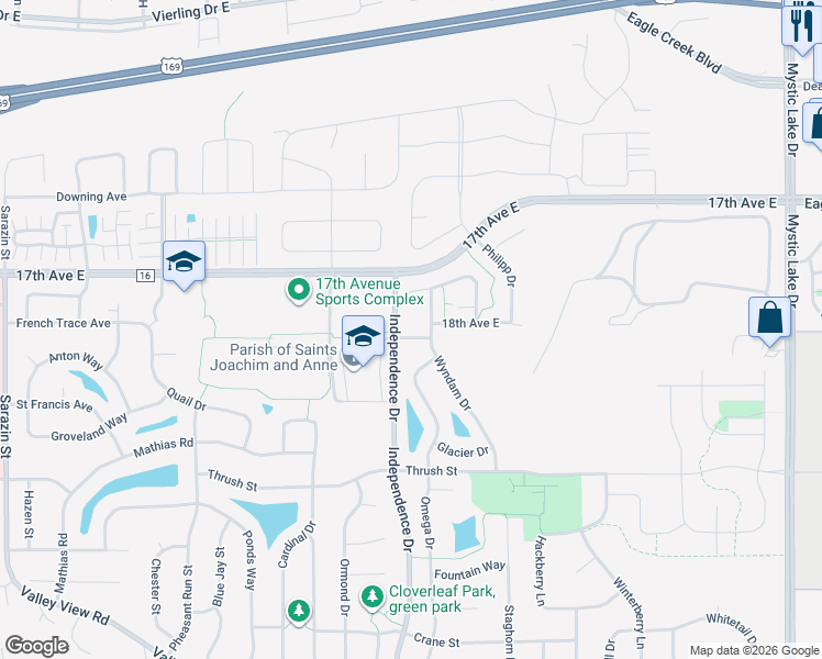 map of restaurants, bars, coffee shops, grocery stores, and more near 2827 18th Avenue East in Shakopee