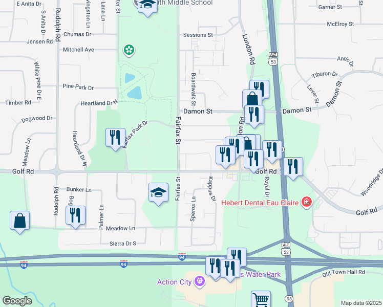 map of restaurants, bars, coffee shops, grocery stores, and more near 2327 Tony Court in Eau Claire