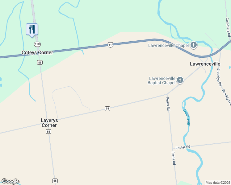 map of restaurants, bars, coffee shops, grocery stores, and more near County Road 54 in Nicholville