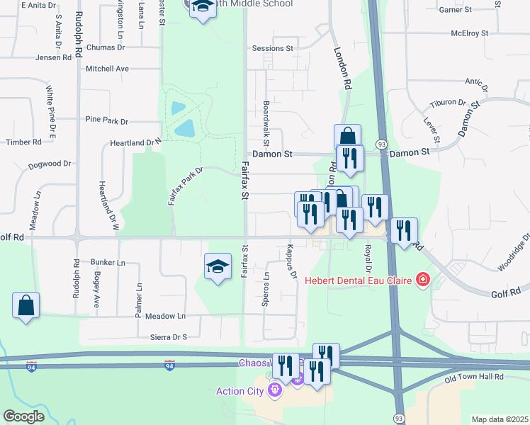 map of restaurants, bars, coffee shops, grocery stores, and more near 2327 Tony Court in Eau Claire