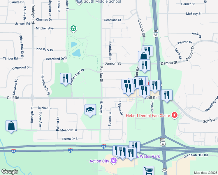 map of restaurants, bars, coffee shops, grocery stores, and more near 2327 Tony Court in Eau Claire