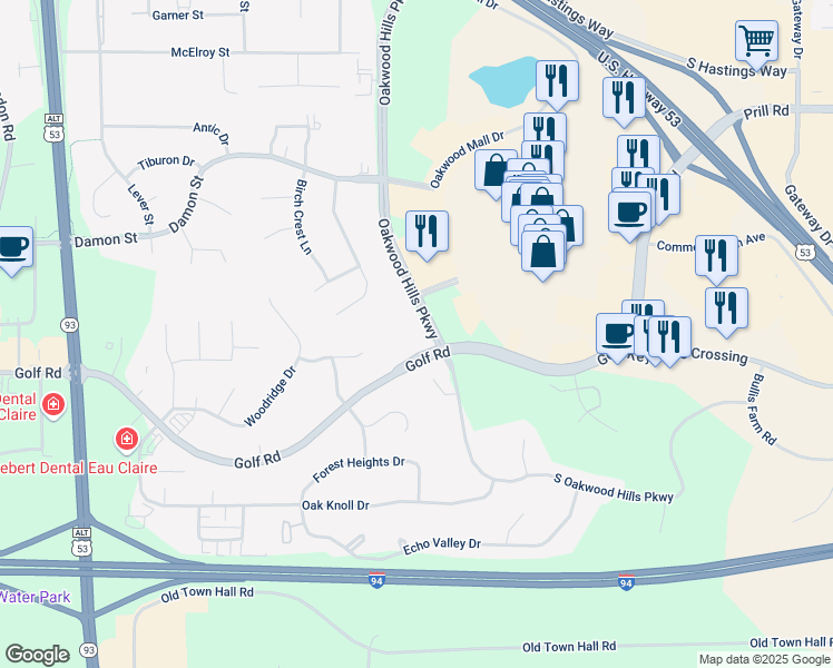 map of restaurants, bars, coffee shops, grocery stores, and more near 4316 Oakwood Hills Parkway in Eau Claire