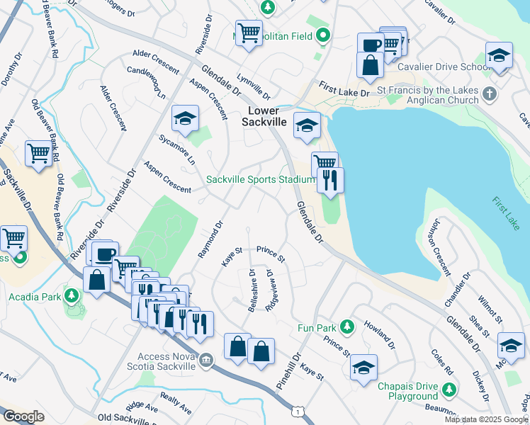 map of restaurants, bars, coffee shops, grocery stores, and more near 18 Cockburn Court in Lower Sackville