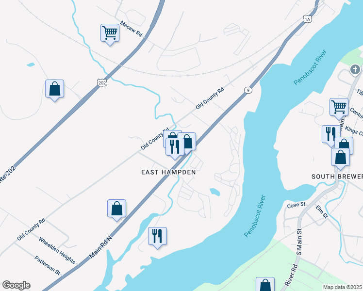 map of restaurants, bars, coffee shops, grocery stores, and more near 674 Main Road North in Hampden