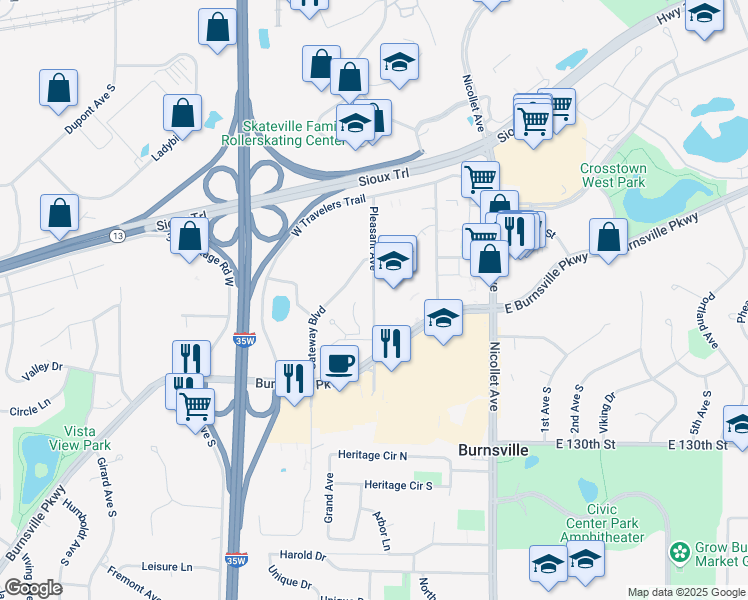 map of restaurants, bars, coffee shops, grocery stores, and more near 12650 Pleasant Avenue in Burnsville