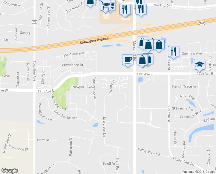 map of restaurants, bars, coffee shops, grocery stores, and more near 1190 Havenview Drive in Shakopee