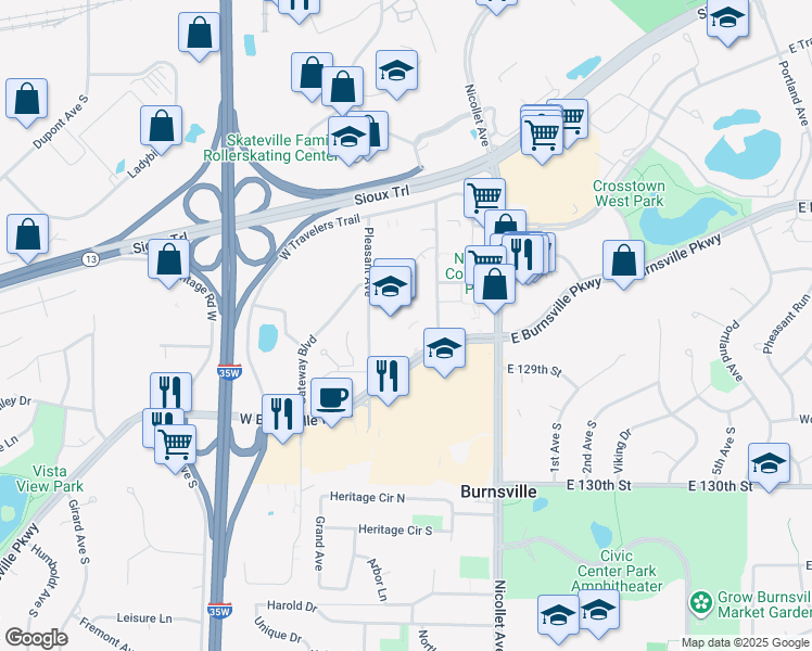 map of restaurants, bars, coffee shops, grocery stores, and more near 202 Burnsville Parkway in Burnsville