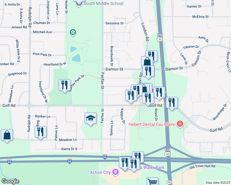 map of restaurants, bars, coffee shops, grocery stores, and more near 2327 Tony Court in Eau Claire
