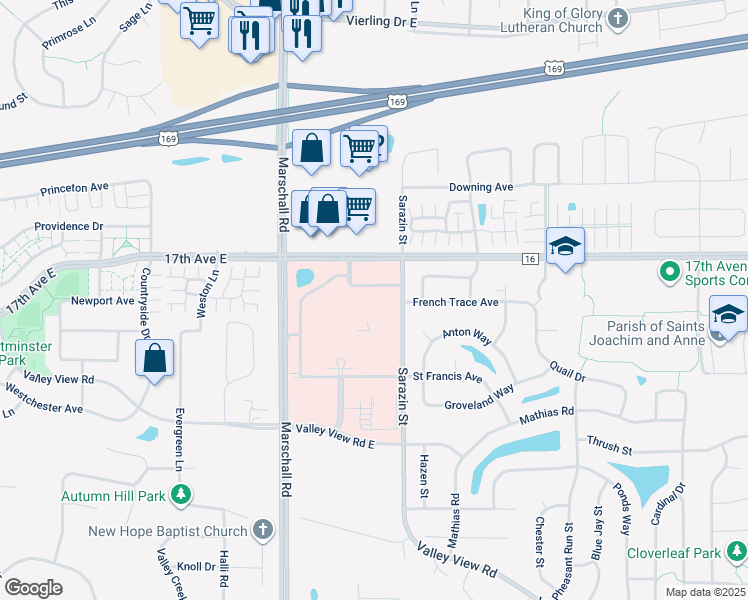 map of restaurants, bars, coffee shops, grocery stores, and more near 1850 Sarazin Street in Shakopee