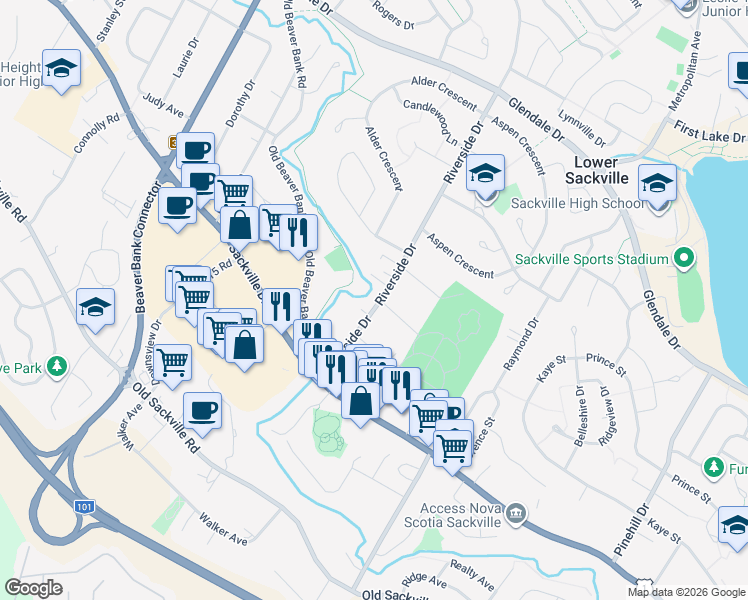 map of restaurants, bars, coffee shops, grocery stores, and more near 23 Riverside Drive in Lower Sackville