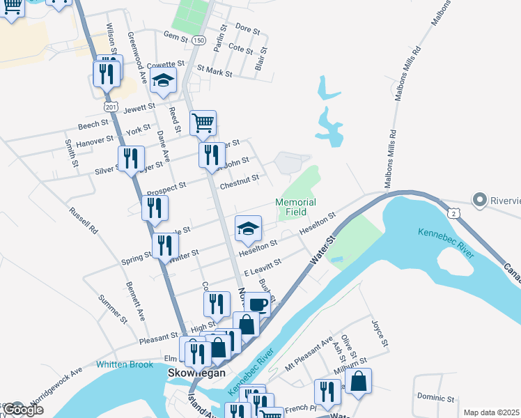 map of restaurants, bars, coffee shops, grocery stores, and more near 25 East Maple Street in Skowhegan