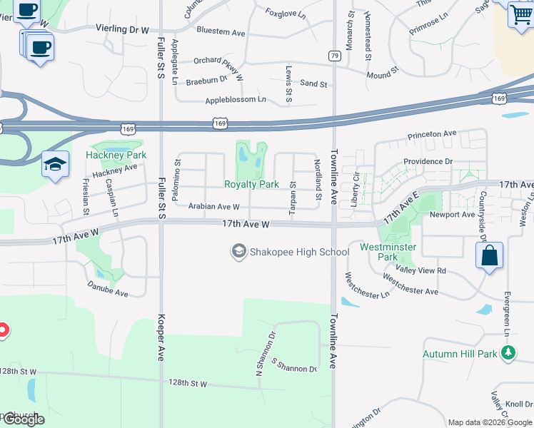 map of restaurants, bars, coffee shops, grocery stores, and more near 144 Arabian Avenue East in Shakopee