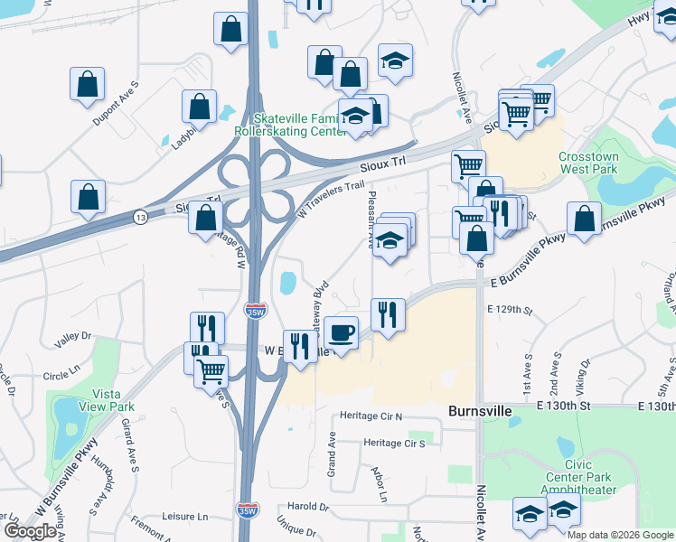 map of restaurants, bars, coffee shops, grocery stores, and more near 501 Gateway Boulevard in Burnsville