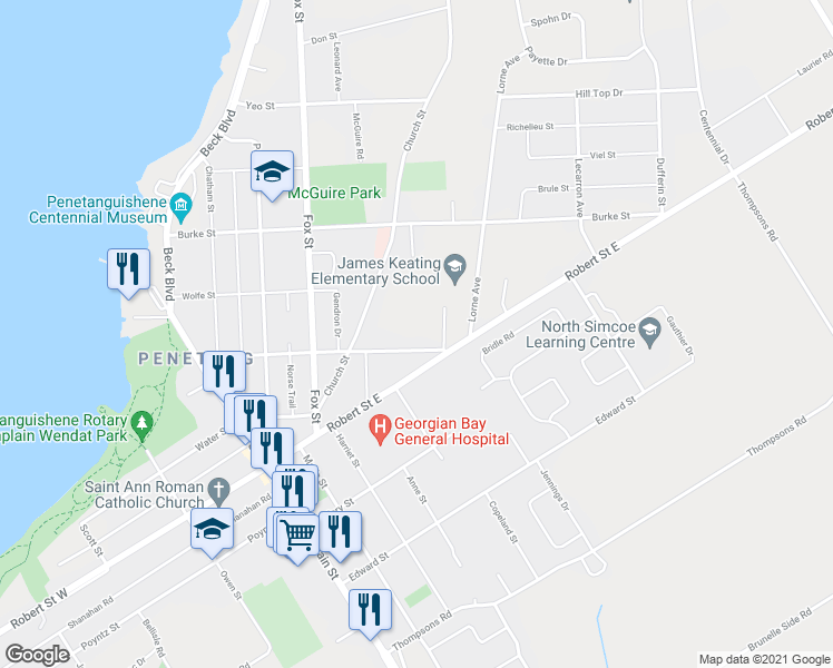 map of restaurants, bars, coffee shops, grocery stores, and more near 53 Brock Street in Penetanguishene
