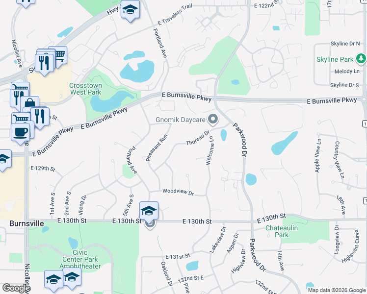 map of restaurants, bars, coffee shops, grocery stores, and more near 701 Thoreau Drive in Burnsville