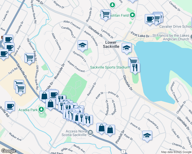 map of restaurants, bars, coffee shops, grocery stores, and more near 34 Raymond Drive in Lower Sackville
