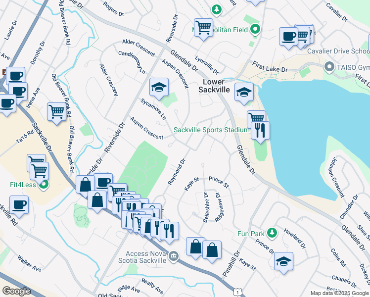 map of restaurants, bars, coffee shops, grocery stores, and more near 34 Raymond Drive in Lower Sackville