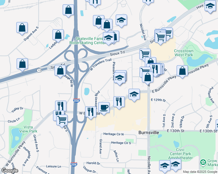 map of restaurants, bars, coffee shops, grocery stores, and more near 301 Concorde Place in Burnsville
