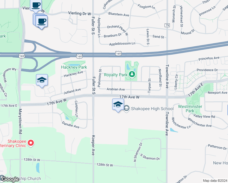 map of restaurants, bars, coffee shops, grocery stores, and more near 200 Arabian Avenue in Shakopee