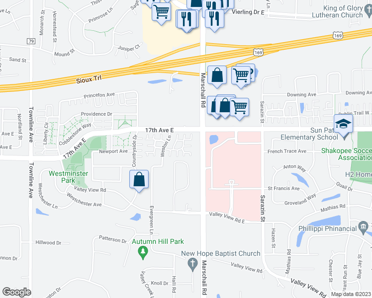 map of restaurants, bars, coffee shops, grocery stores, and more near 1364 Highpoint Curve in Shakopee
