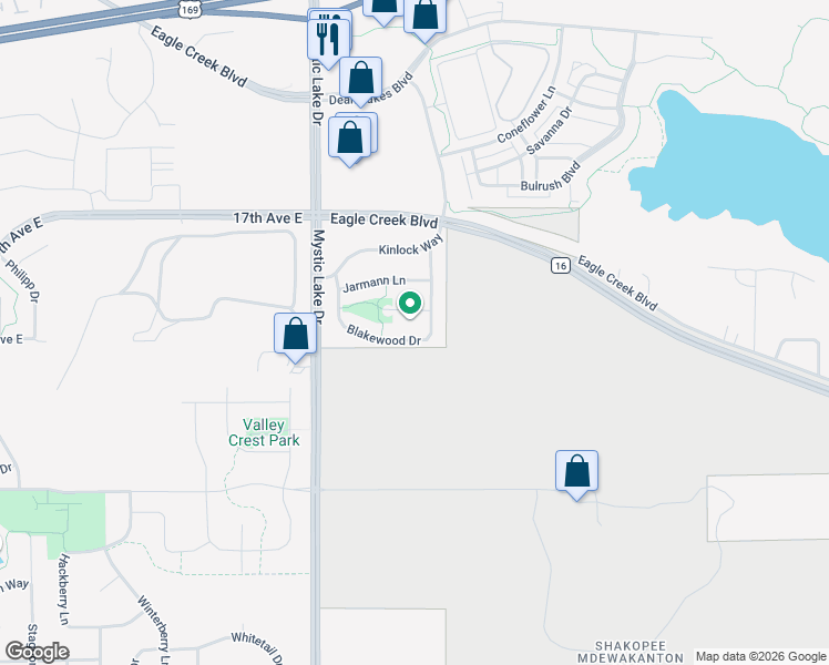 map of restaurants, bars, coffee shops, grocery stores, and more near 4213 Blakewood Drive in Shakopee