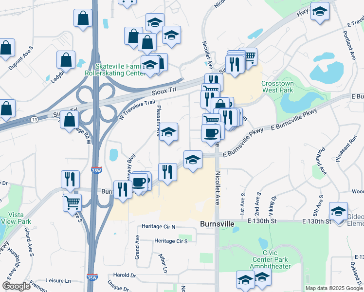 map of restaurants, bars, coffee shops, grocery stores, and more near 168 Burnsville Parkway in Burnsville