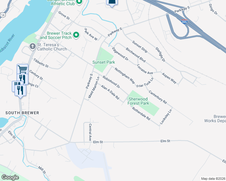 map of restaurants, bars, coffee shops, grocery stores, and more near 41 Alan A Dale Road in Brewer