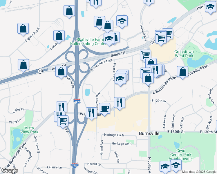 map of restaurants, bars, coffee shops, grocery stores, and more near 12650 Pleasant Avenue in Burnsville